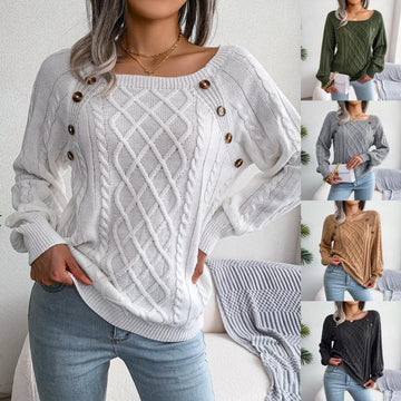 Square Neck Knitted Sweater With Button Design - Artsi Chic Boutique