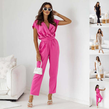 Chic Solid Color Wrap Jumpsuit - Elegant Business Belted Trousers for Women - Artsi Chic Boutique