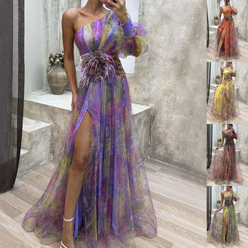 Glamorous Off-Shoulder Tie-Dye Mesh Dress – Elegant Slit for Party Nights - Artsi Chic Boutique