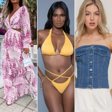 Three stylish women modeling new arrivals: a pink floral maxi dress, a yellow strappy bikini, and a strapless denim top with white shorts. Trendy and affordable fashion from Artsi Chic Boutique.