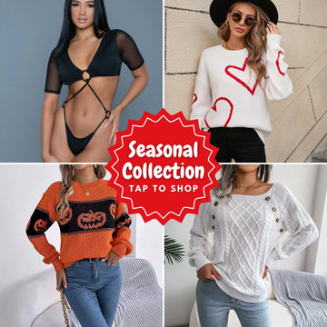 Four seasonal fashion outfits including a black cut-out swimsuit, white heart-print sweater, orange Halloween sweater, and white cable knit sweater. Center text reads "Seasonal Collection – Tap to Shop" from Artsi Chic Boutique.