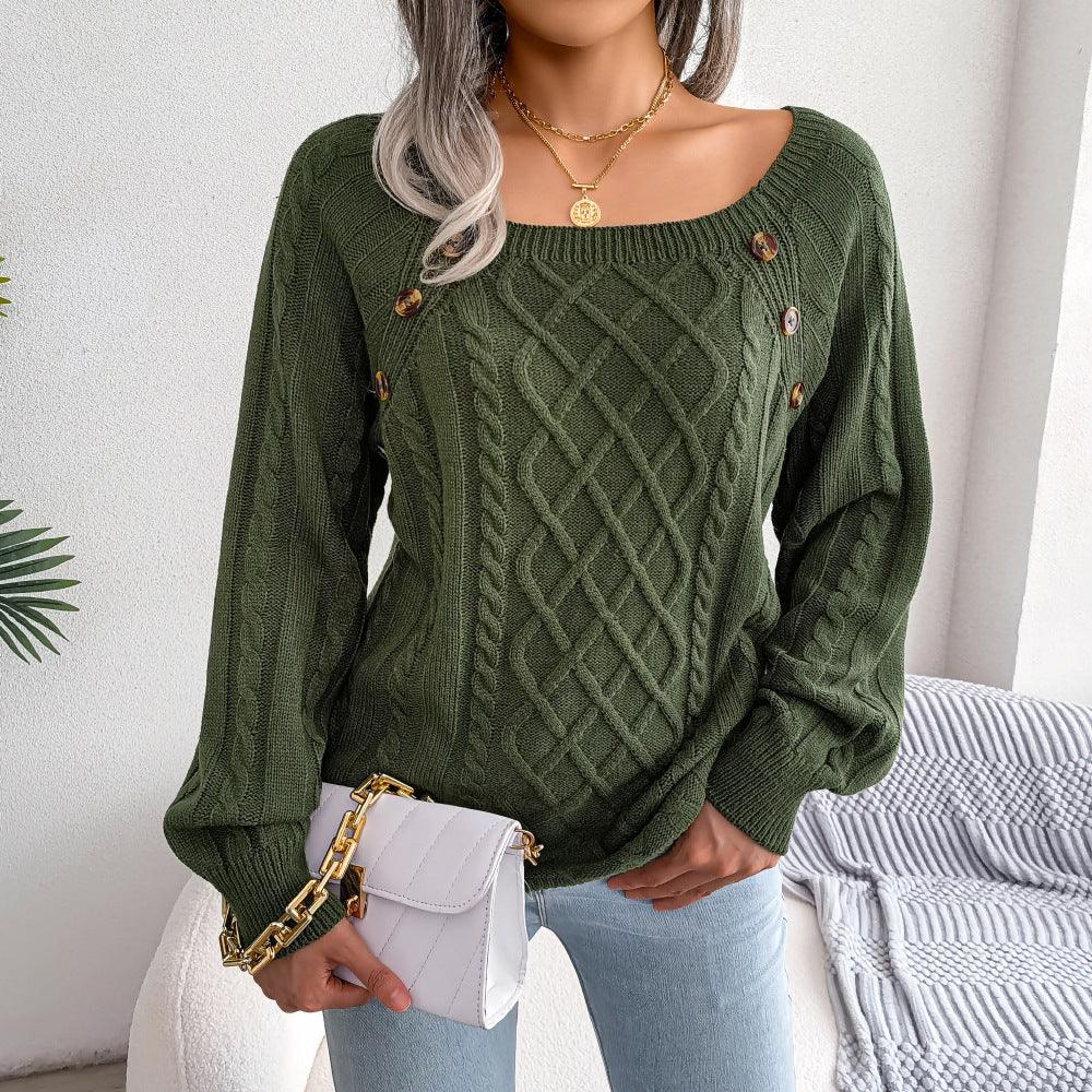 Square Neck Knitted Sweater With Button Design - Artsi Chic Boutique