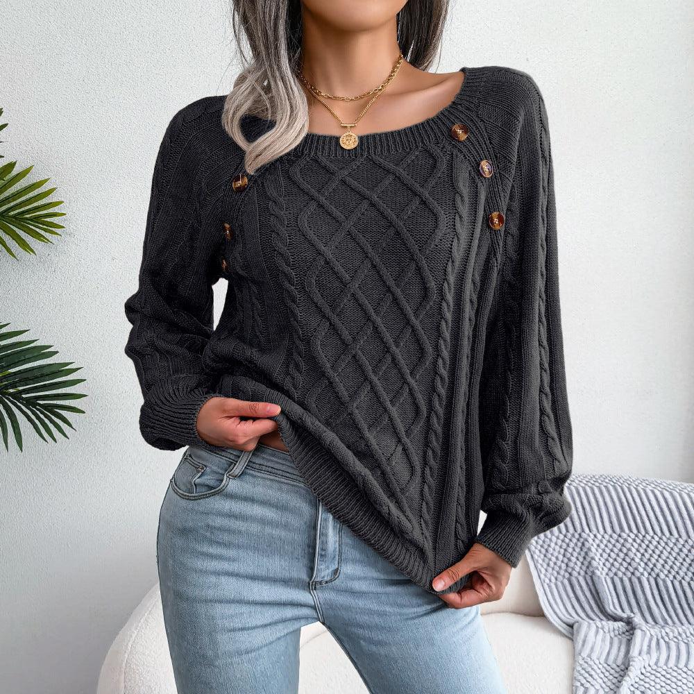 Square Neck Knitted Sweater With Button Design - Artsi Chic Boutique