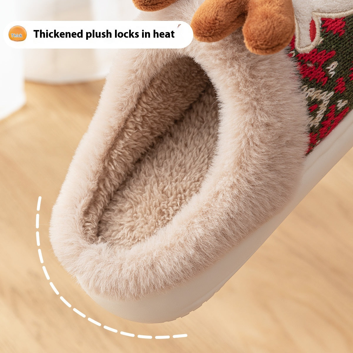 Close-up of the interior of women’s 3D reindeer Christmas plush slippers showing the soft beige fuzzy lining, cushioned foot opening, thick plush texture, and cozy open-back construction designed for comfortable holiday lounging.