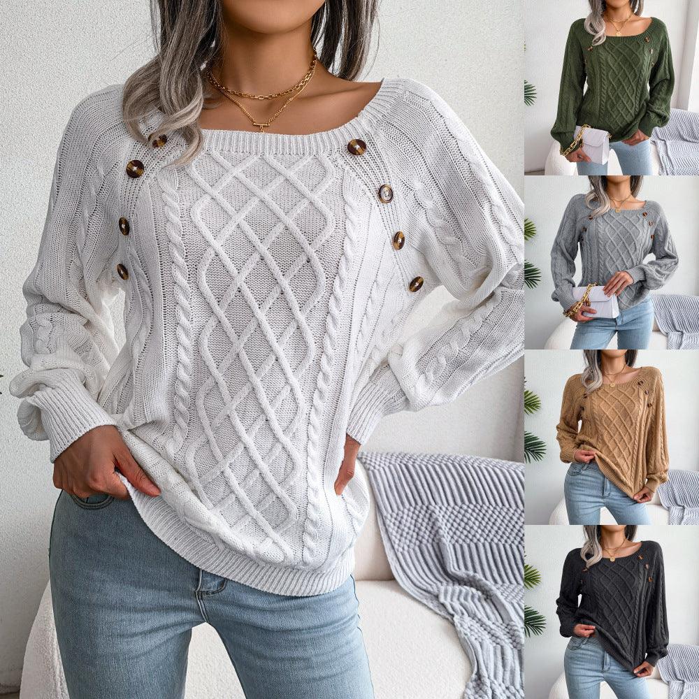Square Neck Knitted Sweater With Button Design - Artsi Chic Boutique