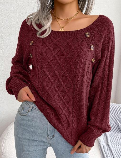 Square Neck Knitted Sweater With Button Design - Artsi Chic Boutique
