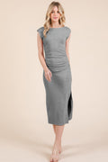 Sophisticated Gray Cap Sleeve Midi Dress with Open Back - Artsi Chic Boutique