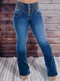 Women's blue high-waist flare jeans with wide multi-button waistband and front pockets 2