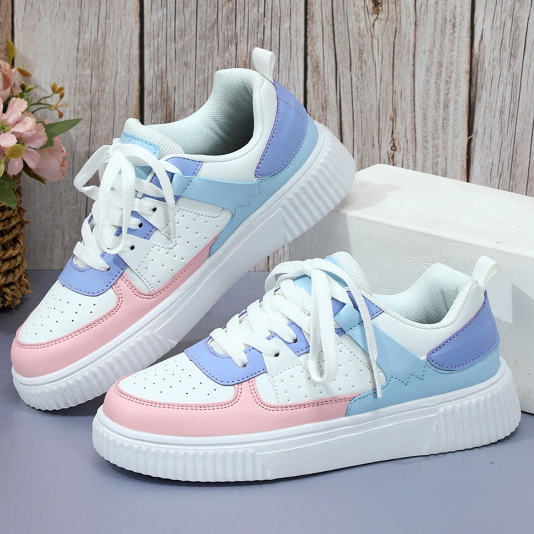 Women's Mila Retro Colorblock Casual Sneakers in a soft pastel multicolor combination featuring White, Pink, Light Blue, and Lavender panels, white lace-up fronts, rounded toes, layered retro-inspired uppers, and textured white soles for cute everyday styling.