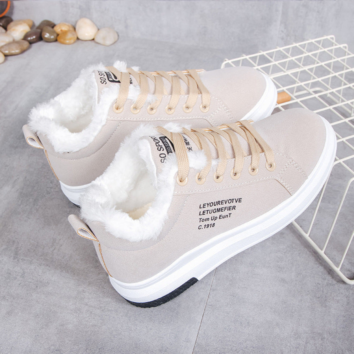 Angled pair view of the Sienna Cozy Plush-Lined Platform Sneakers in Beige, featuring soft light neutral uppers, warm white plush interior lining, coordinating lace-up fronts, rounded toes, and thick white platform soles for feminine Fall and Winter casual outfits.