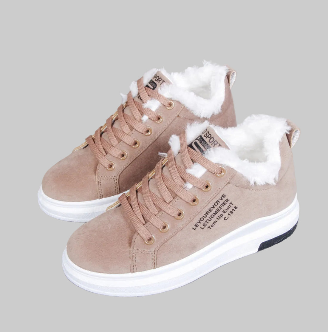 Sienna Cozy Plush-Lined Platform Sneakers for women displayed in Black, Brown, and Beige color options, featuring soft white plush interior lining, lace-up fronts, rounded toes, low-top silhouettes, and thick white platform soles designed for cozy everyday Fall and Winter wear.