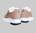 Rear view of the Sienna Cozy Plush-Lined Platform Sneakers in Brown showing the structured heel design, soft plush white lining around the shoe opening, neutral blush taupe upper, and thick white platform outsole designed for cozy cold-weather everyday wear.