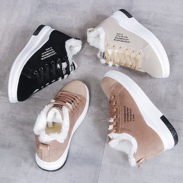 Sienna Cozy Plush-Lined Platform Sneakers for women displayed in Black, Brown, and Beige color options, featuring soft white plush interior lining, lace-up fronts, rounded toes, low-top silhouettes, and thick white platform soles designed for cozy everyday Fall and Winter wear.