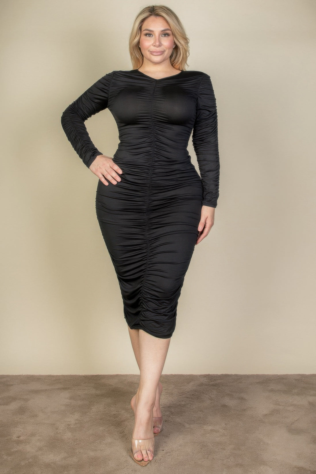Plus Size Ruched Midi Dress: Curve-Hugging Long Sleeve Style - Artsi Chic Boutique