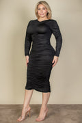 Plus Size Ruched Midi Dress: Curve-Hugging Long Sleeve Style - Artsi Chic Boutique