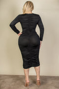Plus Size Ruched Midi Dress: Curve-Hugging Long Sleeve Style - Artsi Chic Boutique