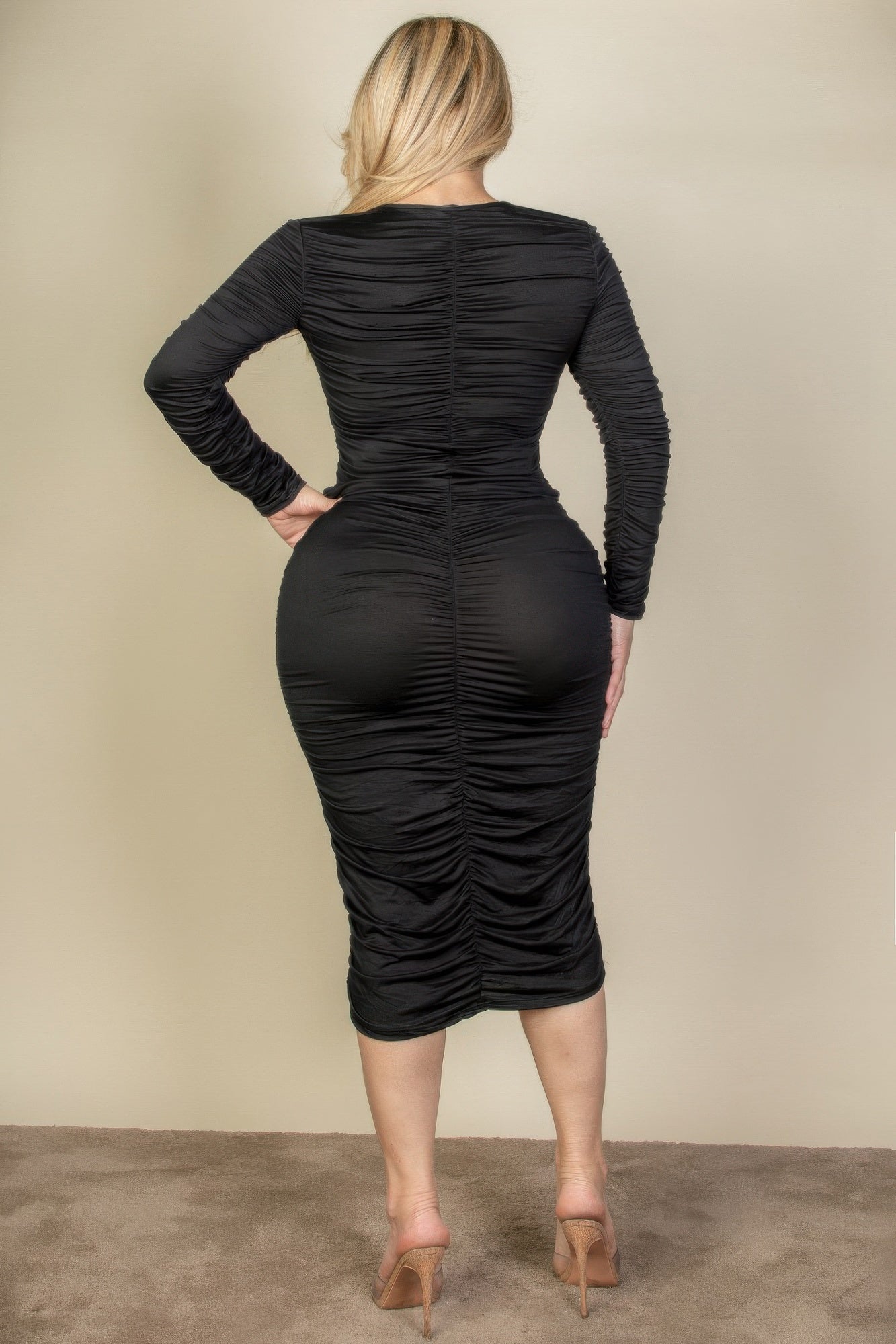 Plus Size Ruched Midi Dress: Curve-Hugging Long Sleeve Style - Artsi Chic Boutique