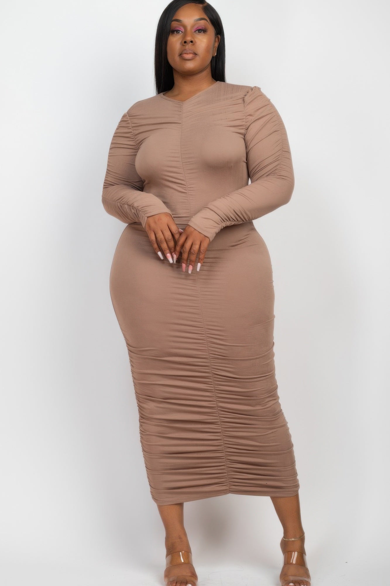 Plus Size Ruched Midi Dress: Curve-Hugging Long Sleeve Style - Artsi Chic Boutique