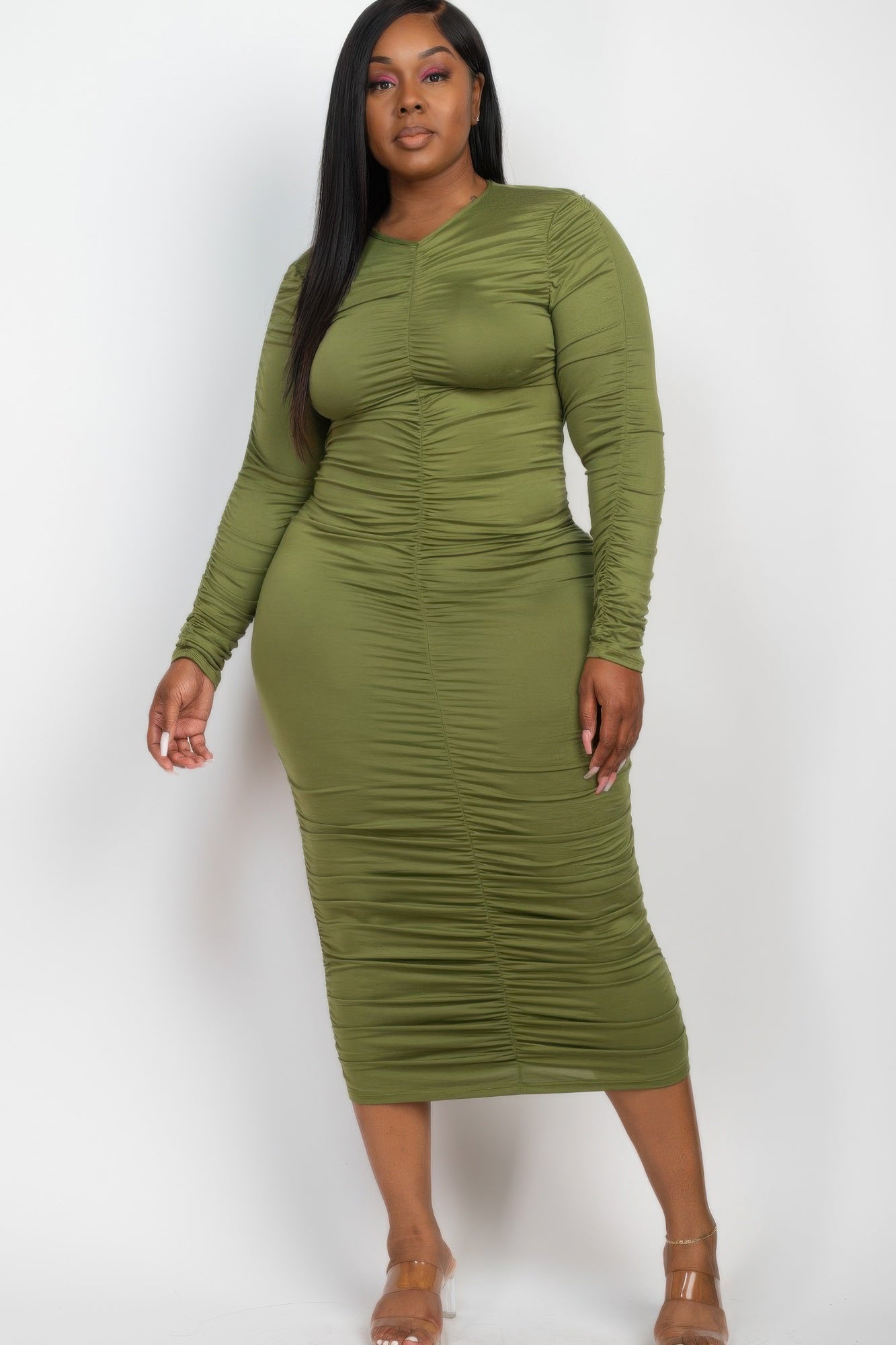 Plus Size Ruched Midi Dress: Curve-Hugging Long Sleeve Style - Artsi Chic Boutique