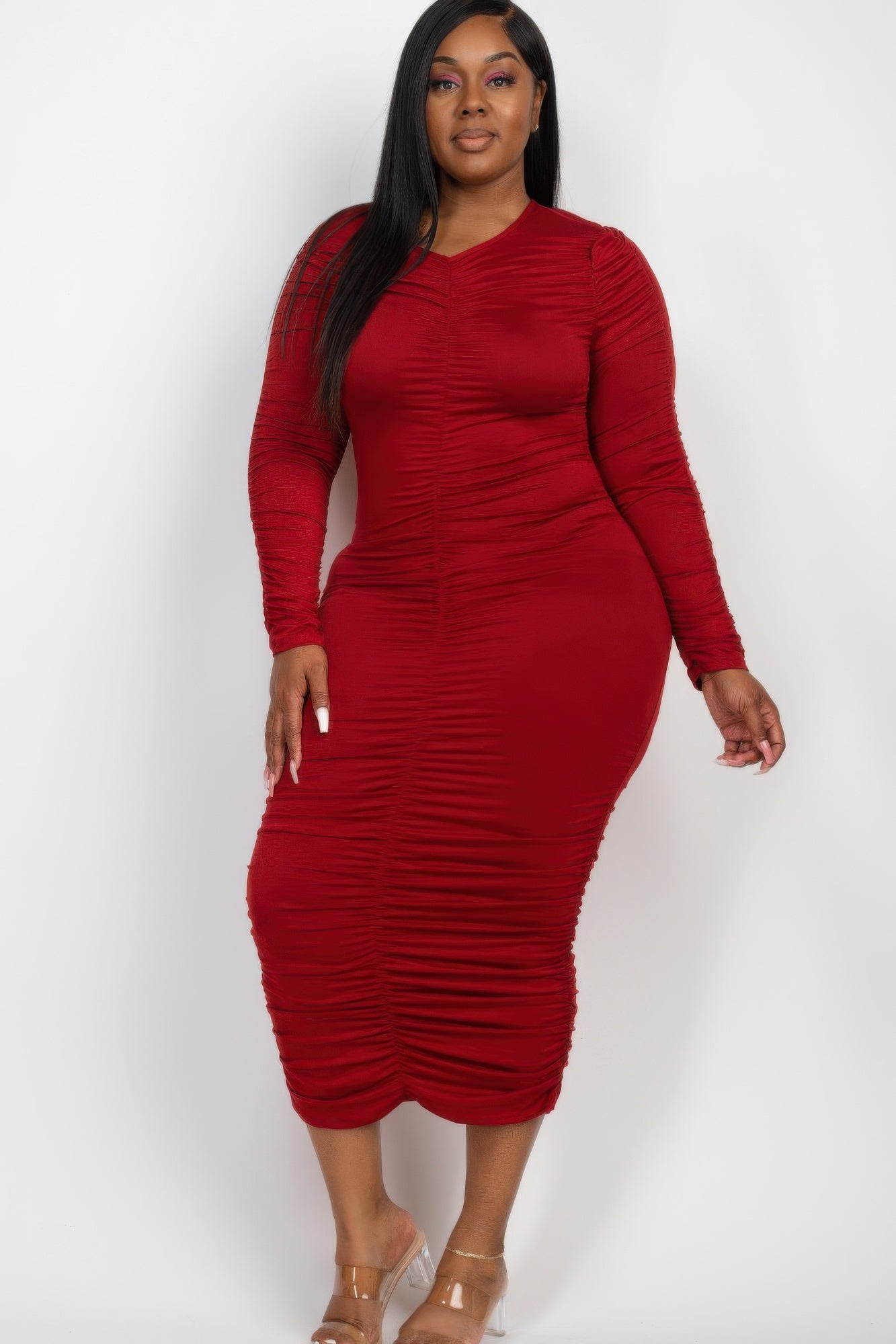 Plus Size Ruched Midi Dress: Curve-Hugging Long Sleeve Style - Artsi Chic Boutique