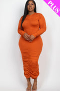 Plus Size Ruched Midi Dress: Curve-Hugging Long Sleeve Style - Artsi Chic Boutique