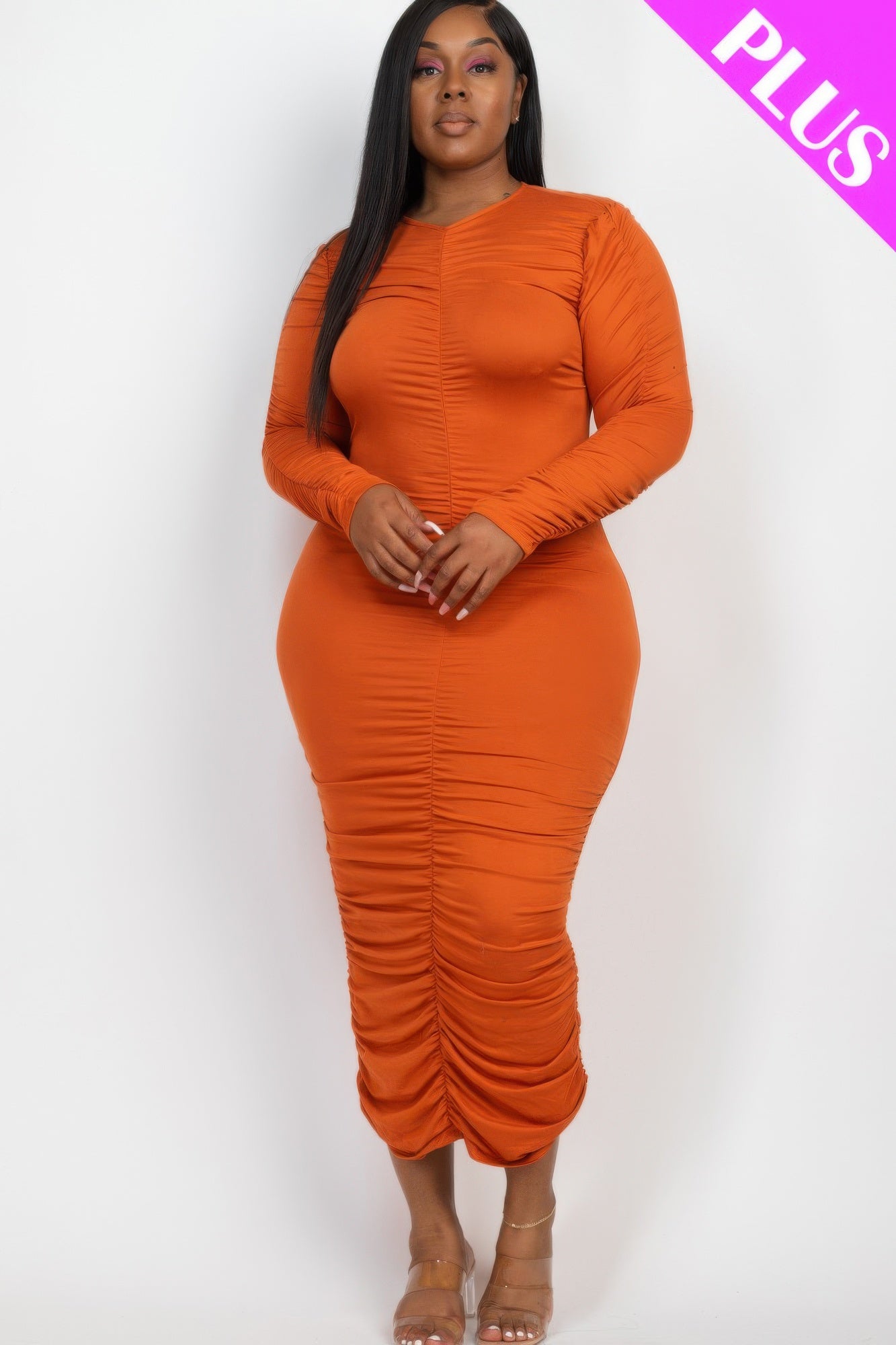 Plus Size Ruched Midi Dress: Curve-Hugging Long Sleeve Style - Artsi Chic Boutique