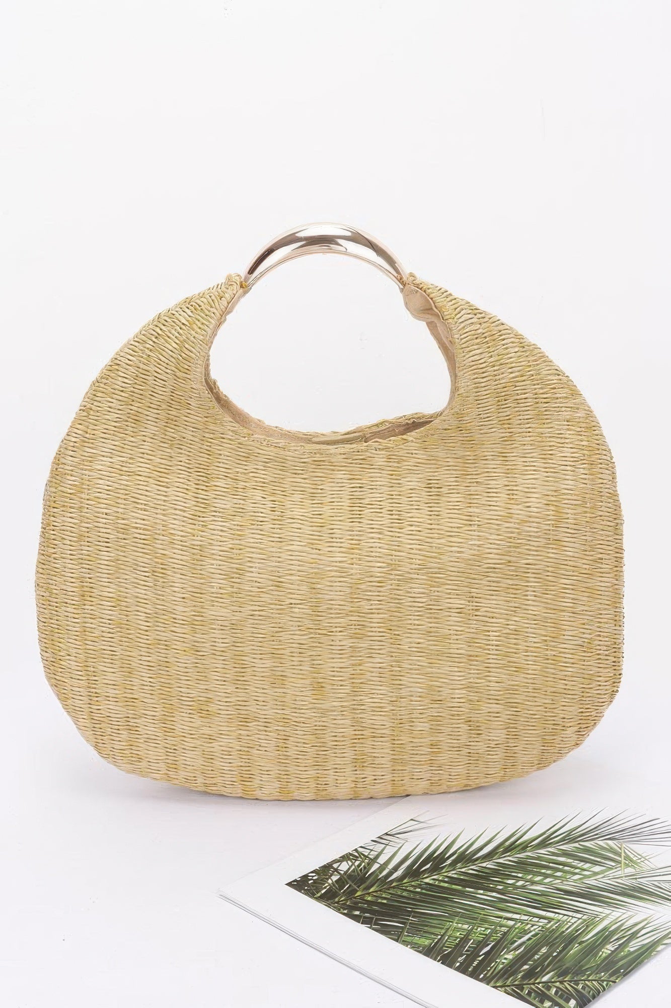 Faux Straw Hobo Bag with Metal Handle - Artsi Chic Boutique