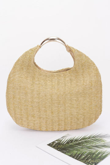 Faux Straw Hobo Bag with Metal Handle - Artsi Chic Boutique