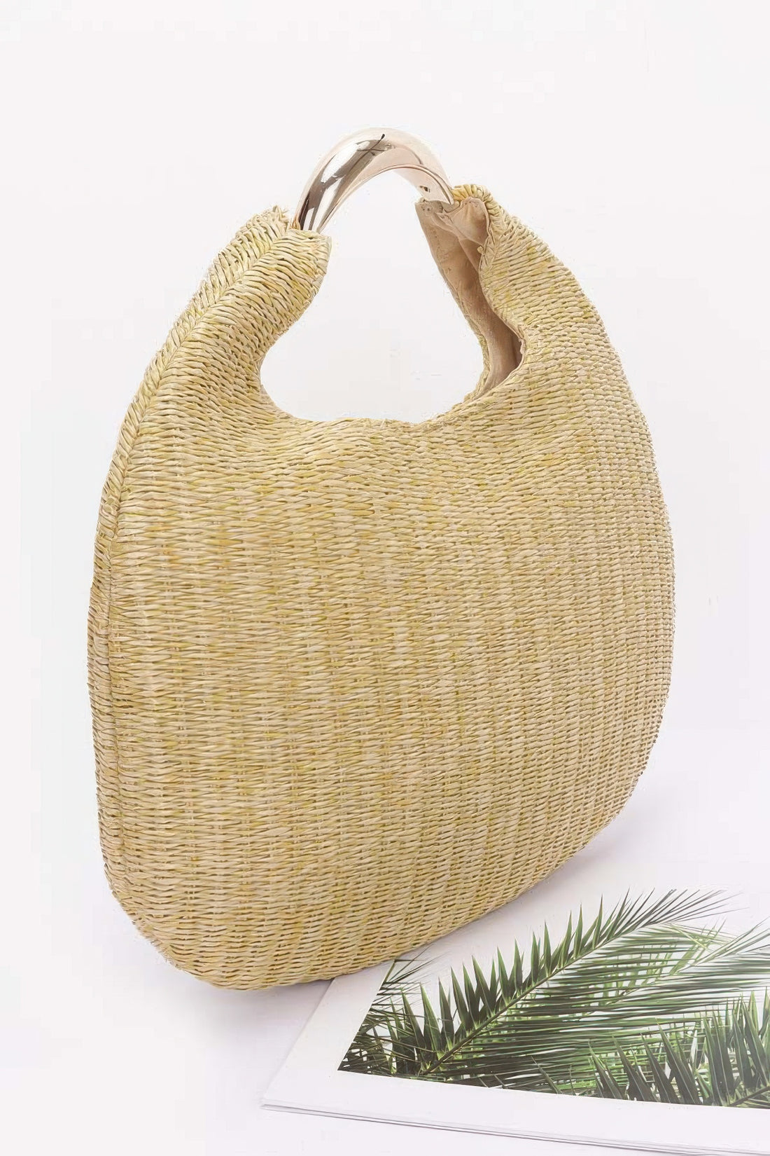 Faux Straw Hobo Bag with Metal Handle - Artsi Chic Boutique