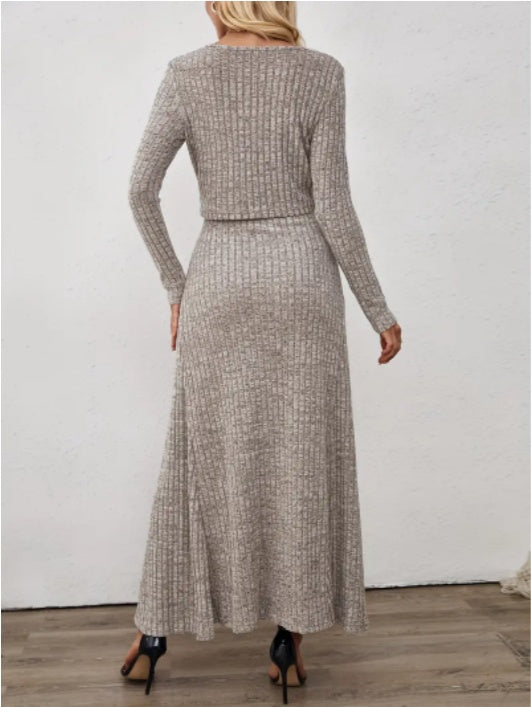 Cozy Knit Cardigan & Skirt Set – Elegant 2-Piece Midi Dress Outfit