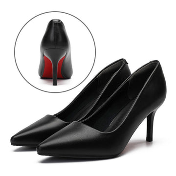 Audrey Classic Black Kitten Heel Work Pumps shown as a pair in a sleek black pointed-toe design with a low slim heel, smooth finish, and contrasting red accent on the back and underside of the heel.