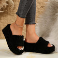 Black fleece-lined platform house slippers for women side view