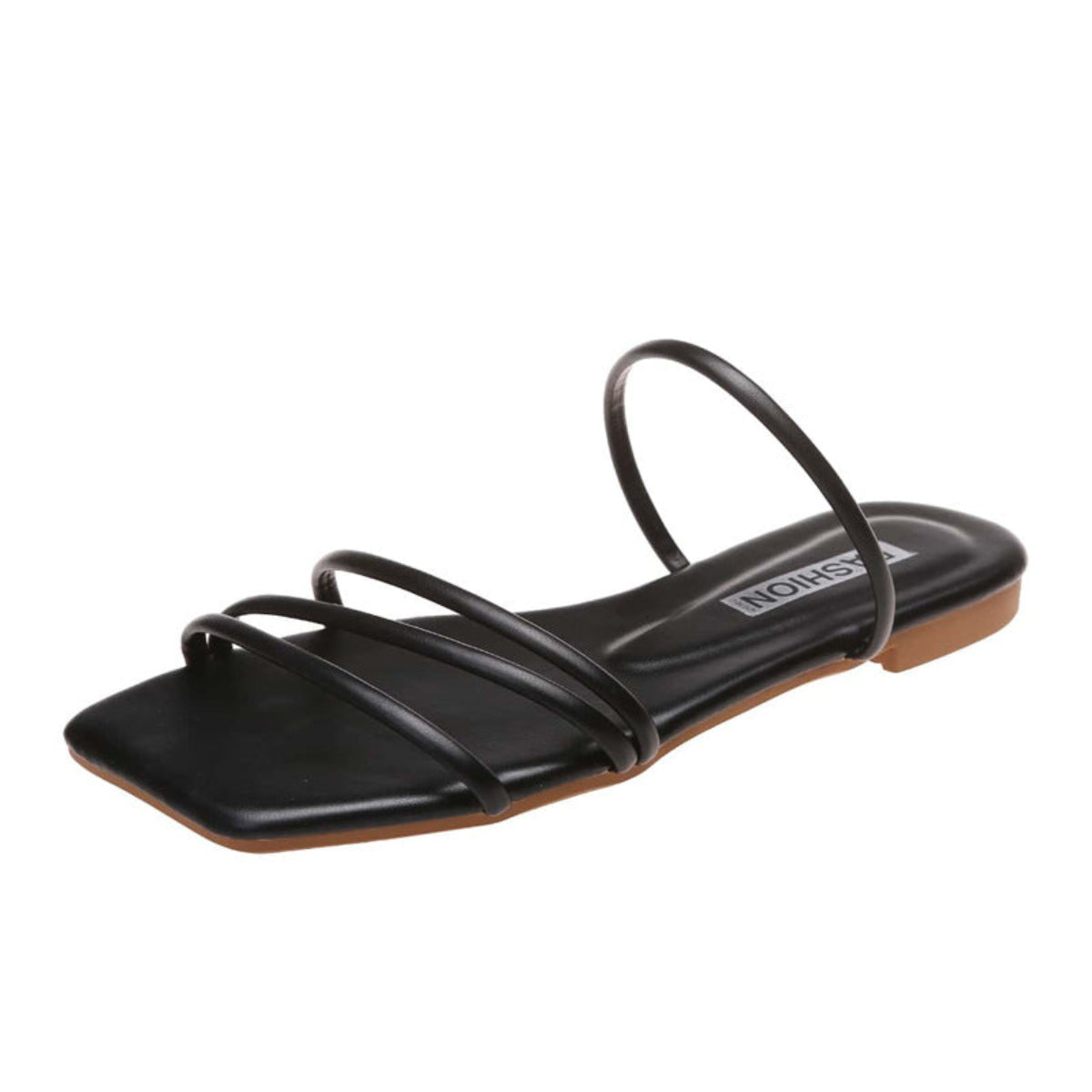 Black women’s minimalist flat sandals featuring multiple slim black straps across the toes and forefoot, an open square-toe design, coordinating black footbed, and low flat sole, shown from an angled side view against a clean white background.