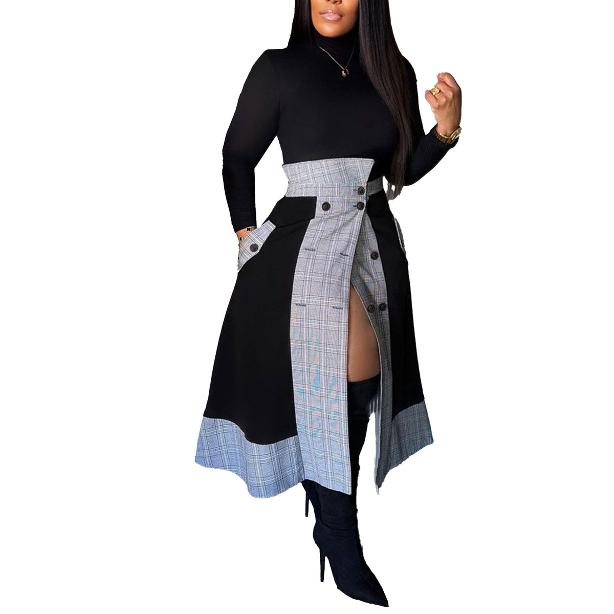 Full outfit view of women's black plaid turtleneck and asymmetrical skirt set.