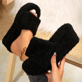 Black platform house slippers with soft fleece lining
