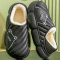 Black quilted plush-lined house slippers for women