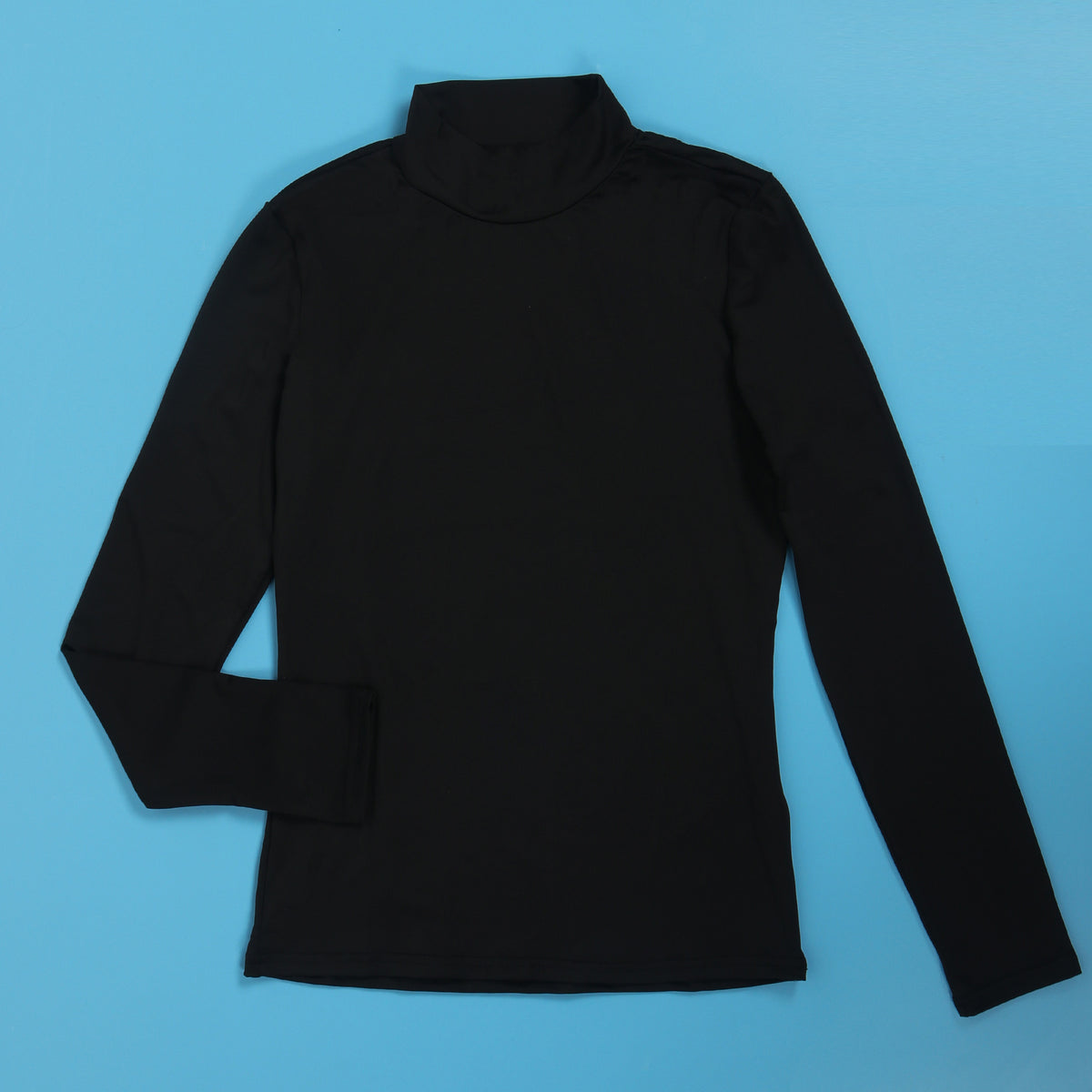 Black long-sleeve turtleneck top from women's plaid asymmetrical two-piece skirt set.