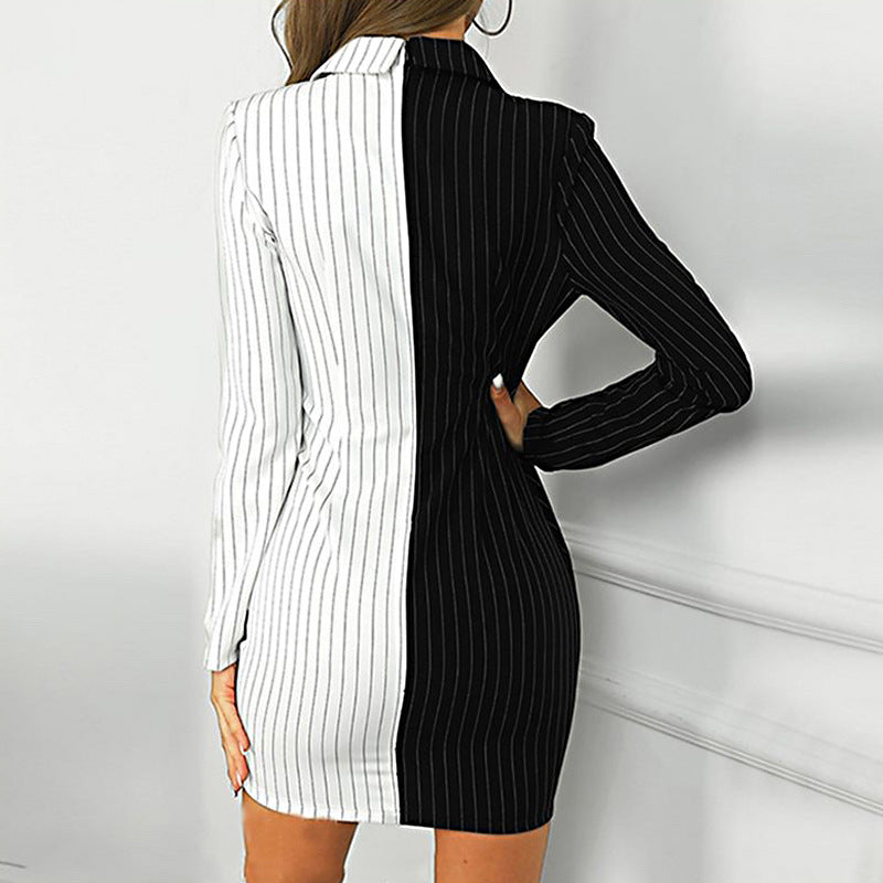 Full look of women's back black and white pinstripe blazer and fitted mini skirt set.