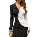 Full look of women's black and white pinstripe blazer and fitted mini skirt set.