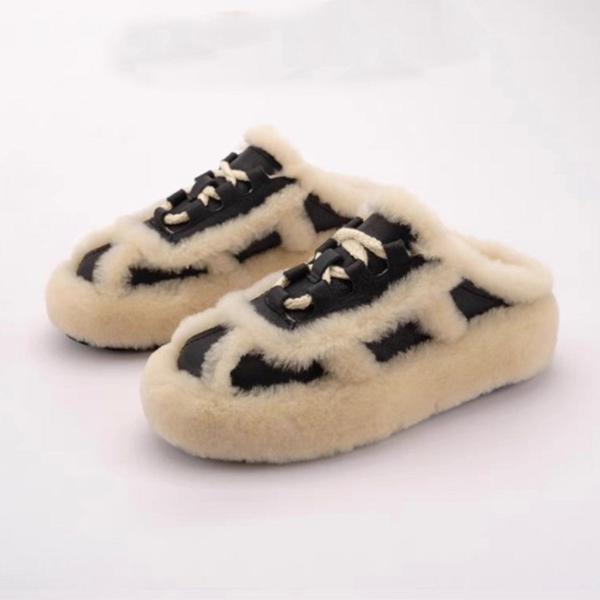 Black and white plush thick-sole mule slippers for women