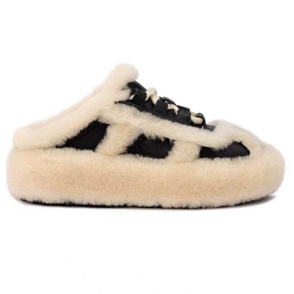 Black and white plush mule slipper shown from the side