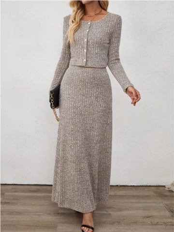 Cozy Knit Cardigan & Skirt Set – Elegant 2-Piece Midi Dress Outfit