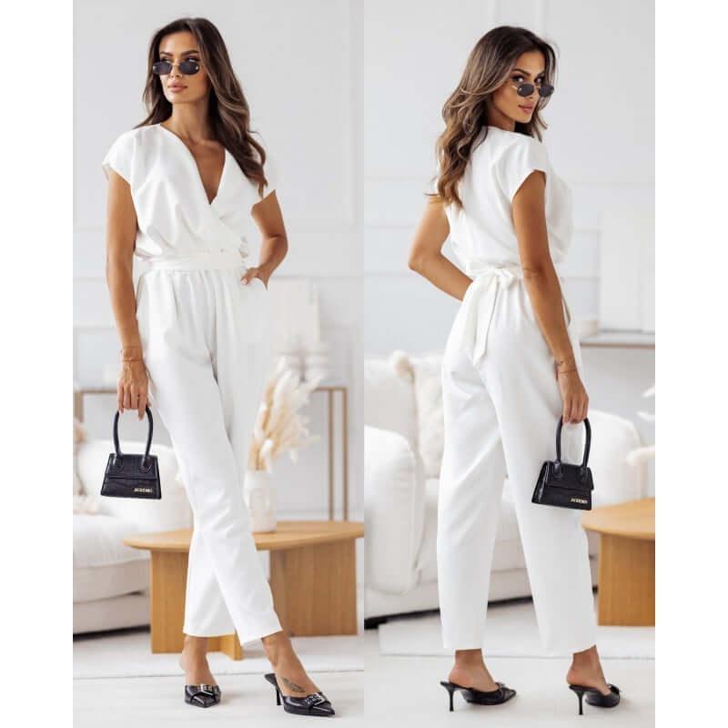 Chic Solid Color Wrap Jumpsuit - Elegant Business Belted Trousers for Women - Artsi Chic Boutique