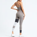 Khaki Contour Colorblock women’s workout set with sleeveless top and high-waist leggings shown in back view
