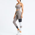Khaki Contour Colorblock women’s workout set with sleeveless top and high-waist leggings shown in side view
