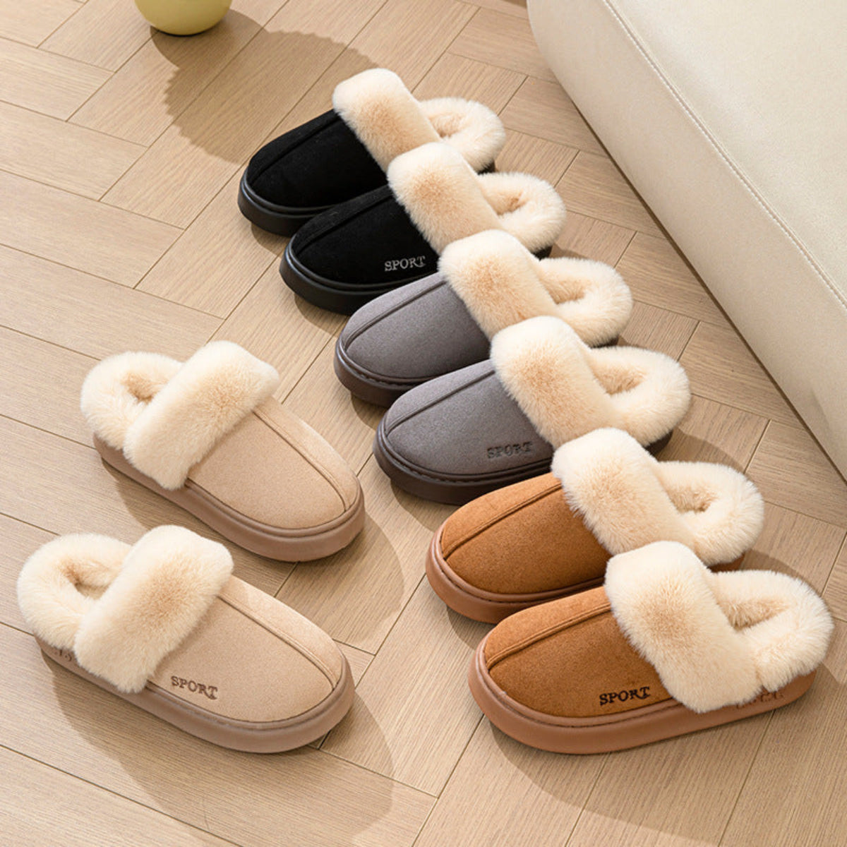 Cozy faux suede plush-lined women's slippers in multiple neutral colors
