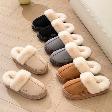 Cozy faux suede plush-lined women's slippers in multiple neutral colors