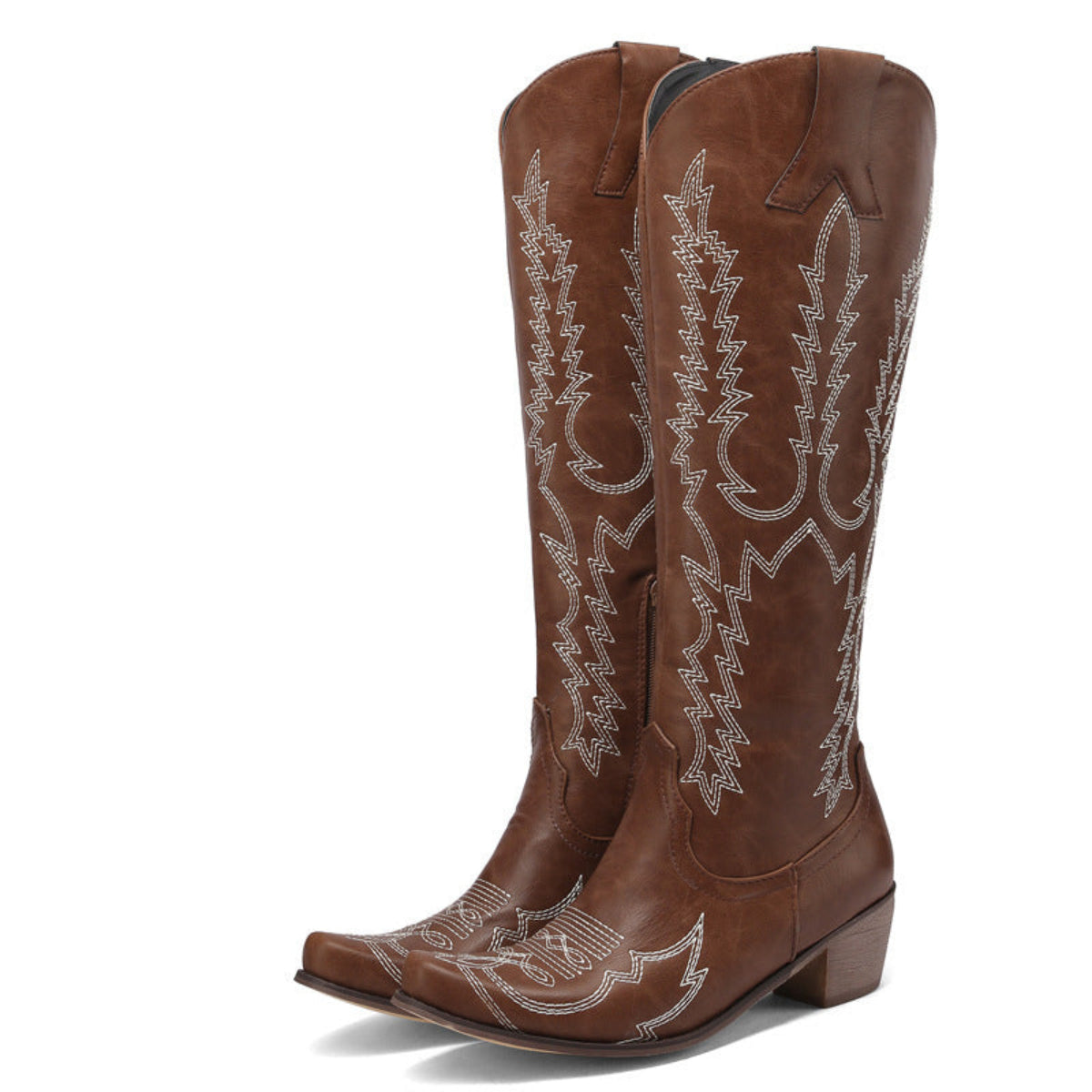 Pair of women’s brown Dakota embroidered Western knee-high boots featuring contrasting light Western stitching, pointed toes, tall structured shafts, and low block heels against a clean neutral background.