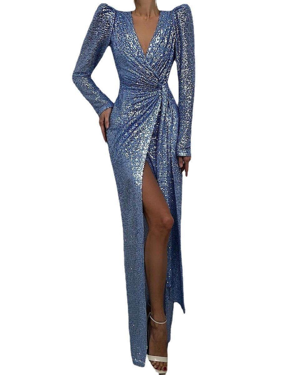 Dazzling Sequined Slit Banquet Dress - Elegant Evening Gown - Artsi Chic Boutique