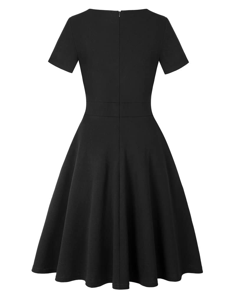 Back view of black lace-waist fit and flare dress showing short sleeves, fitted waist, back zipper, and flared skirt.